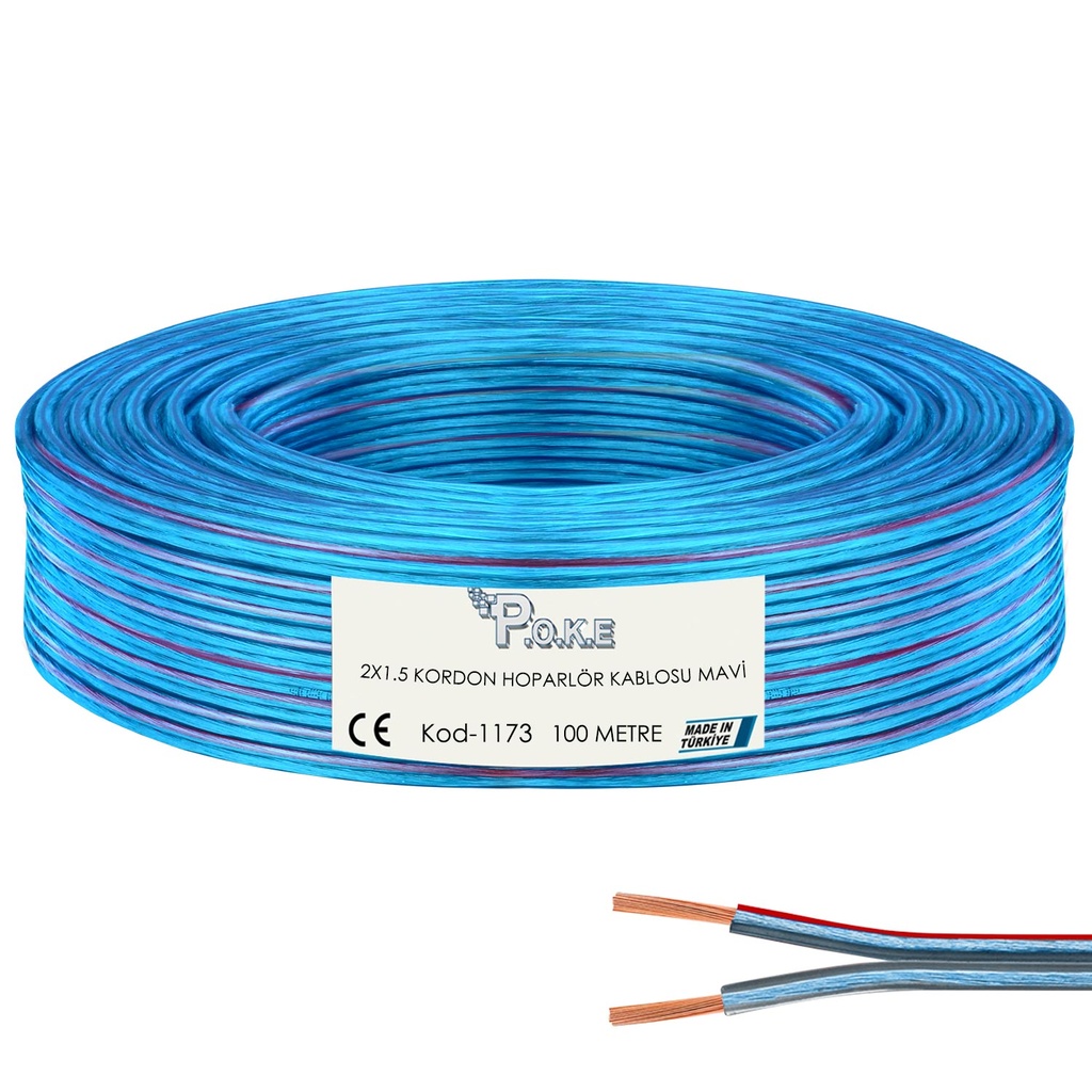 2x1.5 Hoparlör Kablosu Şeffaf Mavi Kordon 100mt Poke Pk-1173