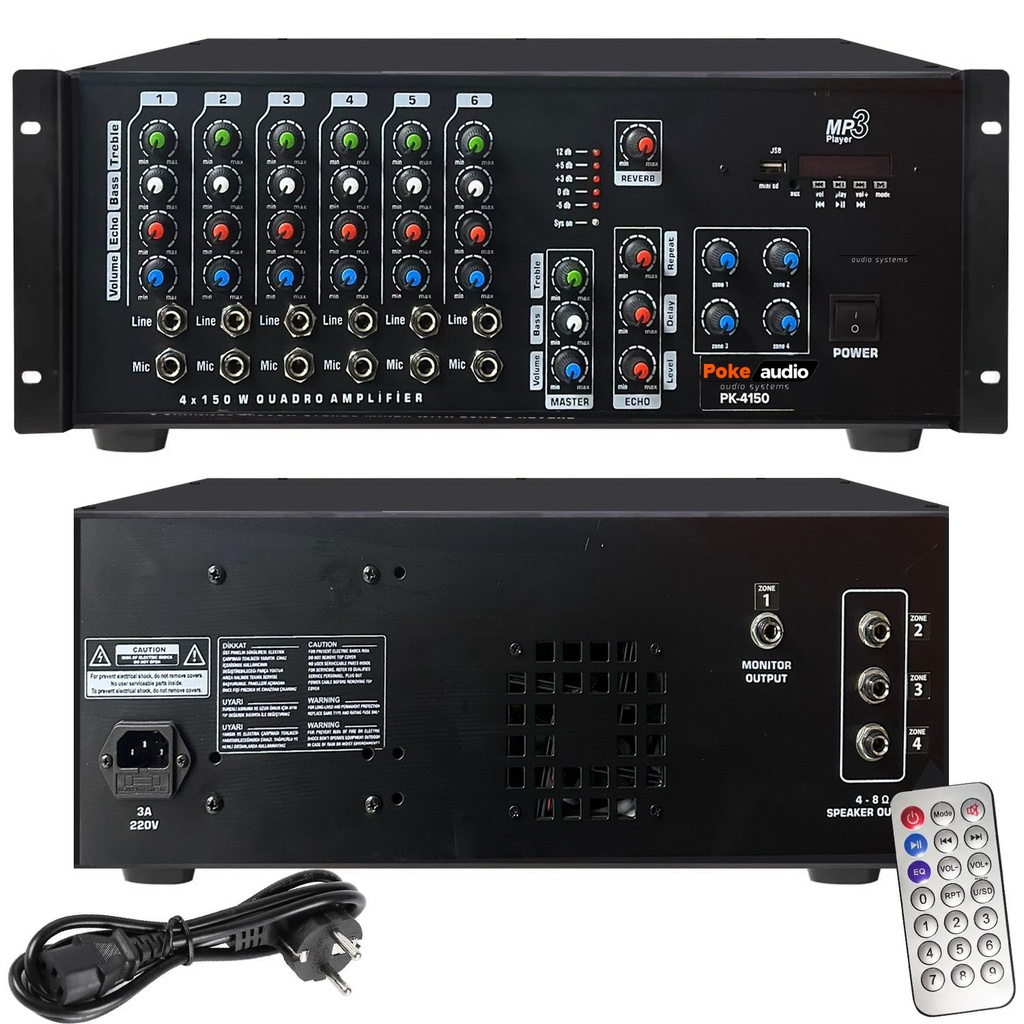 Power Küp Mixer Anfi 4X150w 8 Kanal 4 Bölgeli Bt/Usb/Sd Poke PK-4150