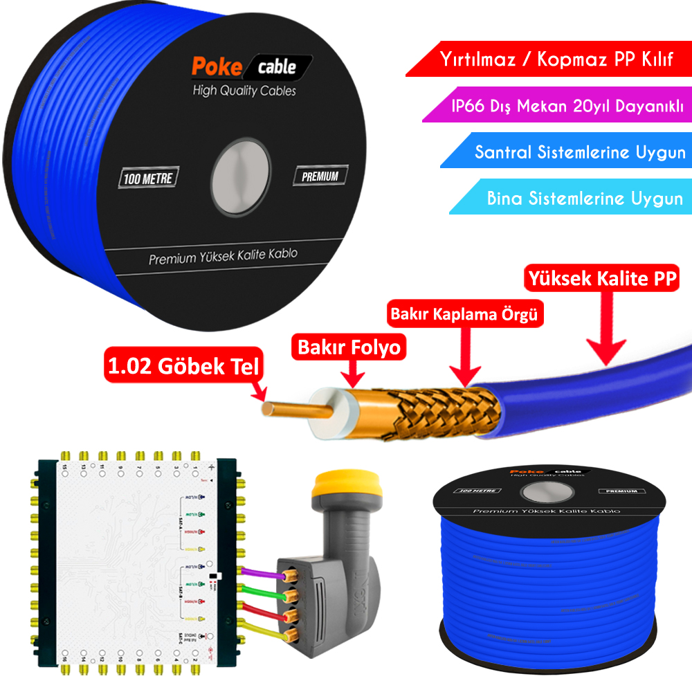 Dış Mekan PP Anten Kablosu Gold RG6/U6 64Tel 1.02 Mavi 100mt Poke PK-1475