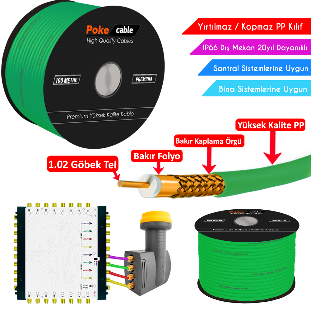 Dış Mekan PP Anten Kablosu Gold RG6/U6 64Tel 1.02 Yeşil 100mt Poke PK-1476