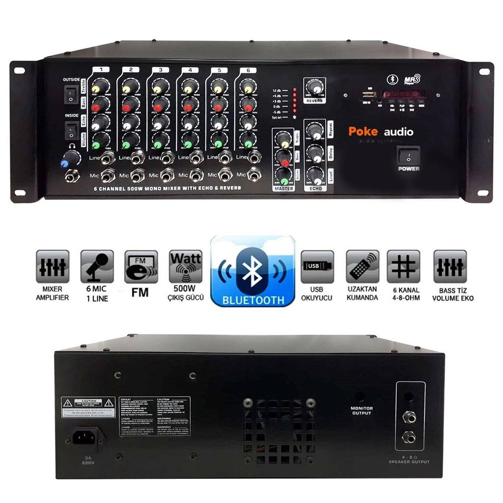 Küp Mixer Anfi 500w 6 Kanal EKO/BT/USB/FM Poke PK-500  R3