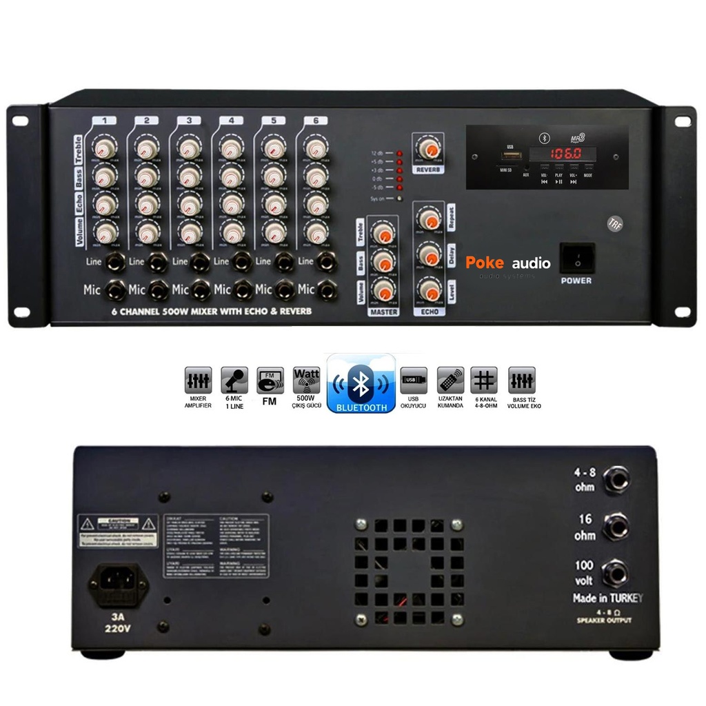Küp Mixer Anfi 500w 6 Kanal EKO/BT/USB/FM Trafolu Poke PK-500T