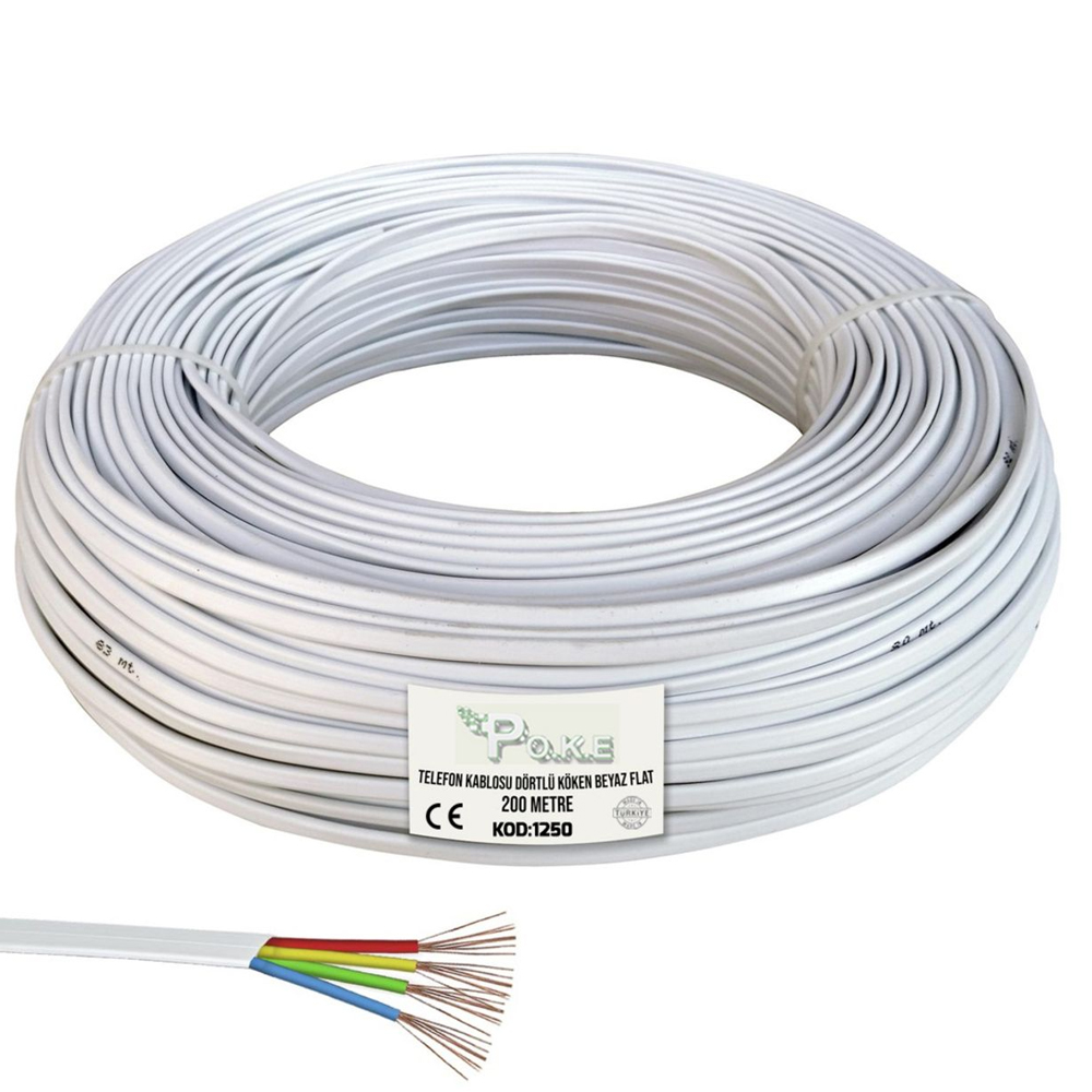 Telefon Kablosu Dörtlü Köken Beyaz Flat 200mt Poke Pk-1250