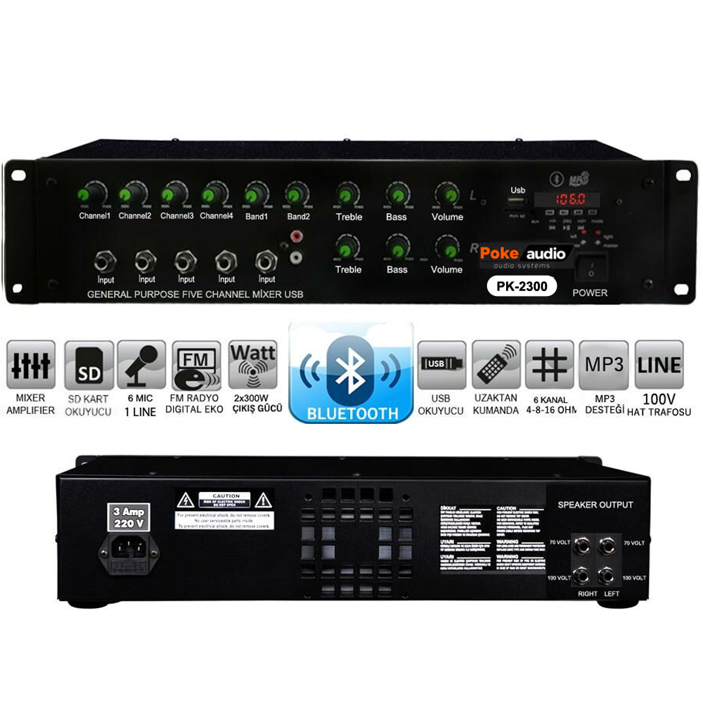 Power Mixer Anfi 6 Kanal 2x300w Bt Usb Sd Poke PK-2300  