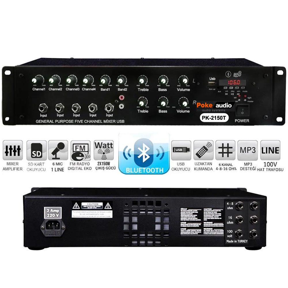 Power Mixer Anfi 6 Kanal 2x150w Bt Usb Sd Trafolu Poke PK-2150T