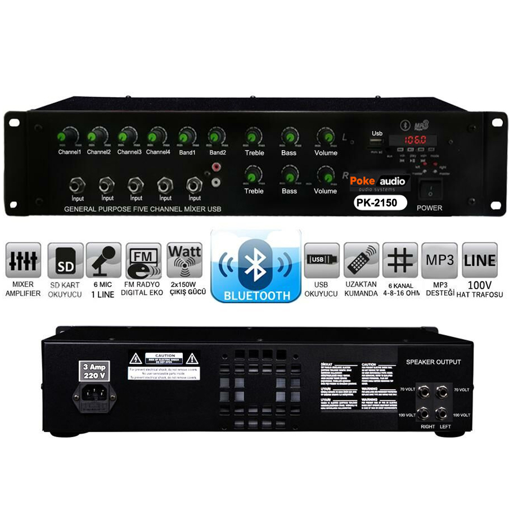 Power Mixer Anfi 6 Kanal 2x150w Bt Usb Sd Poke PK-2150  R40