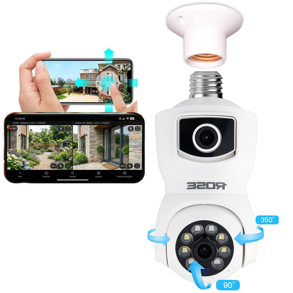 Wifi PTZ Akıllı Ampul 2 Kamera Gece Renkli Sesli Rose AHD-30125