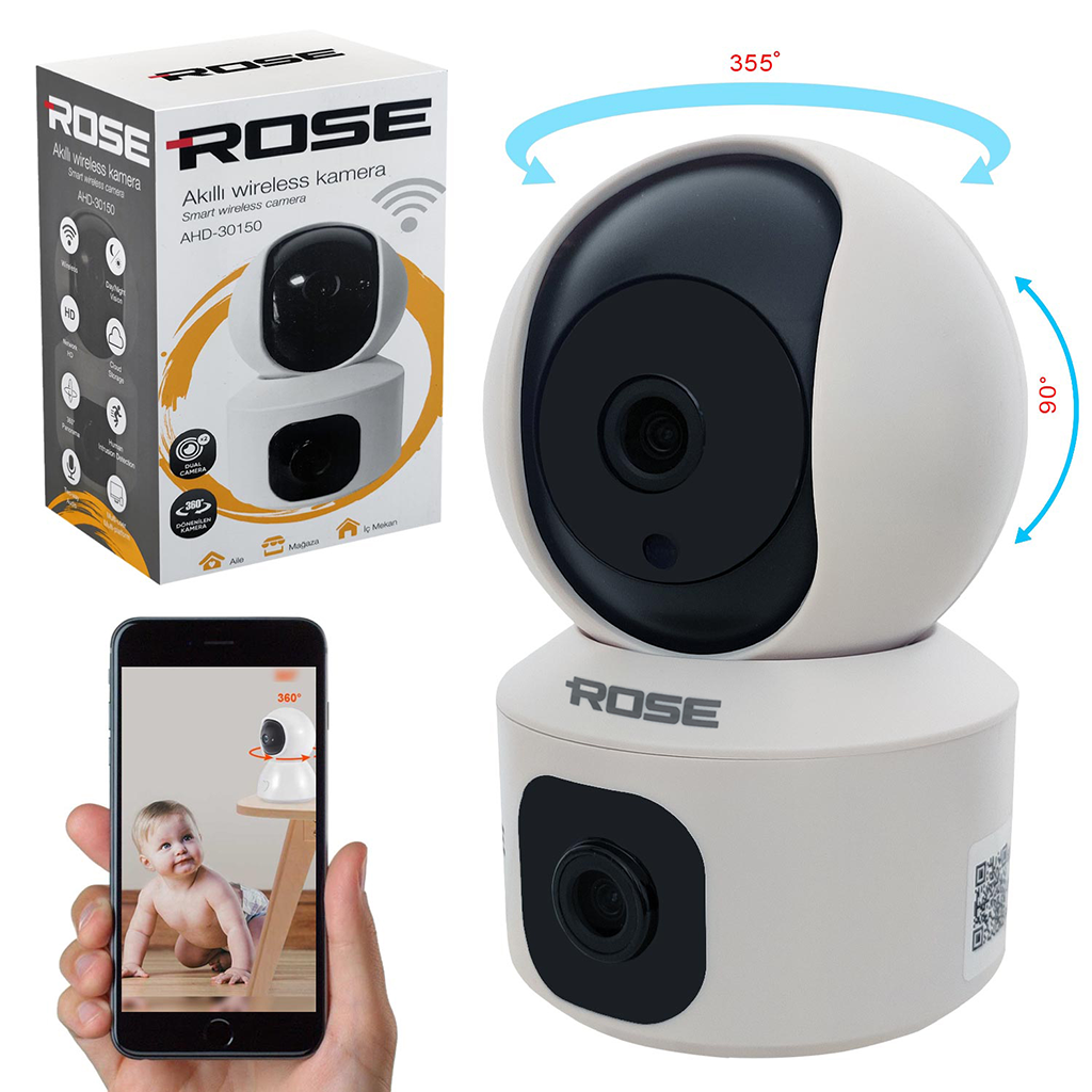 Wifi PTZ Akıllı 2 Kamera Gece Renkli Sesli 1080p Rose AHD-30150
