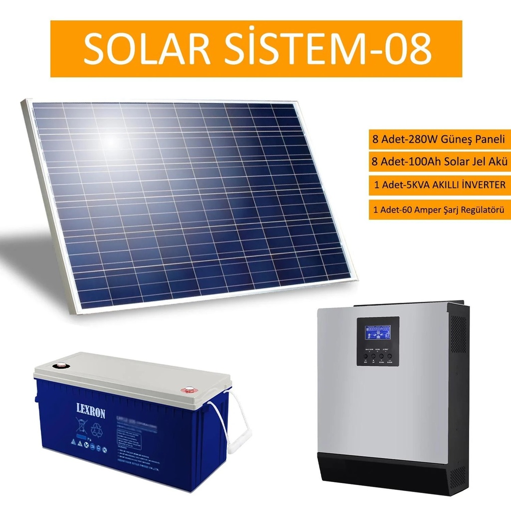 Solar Paket 08 - 8x 280w Panel 8x 100a Akü Bağ Evi Paketi (Kargo Alıcı Öder)
