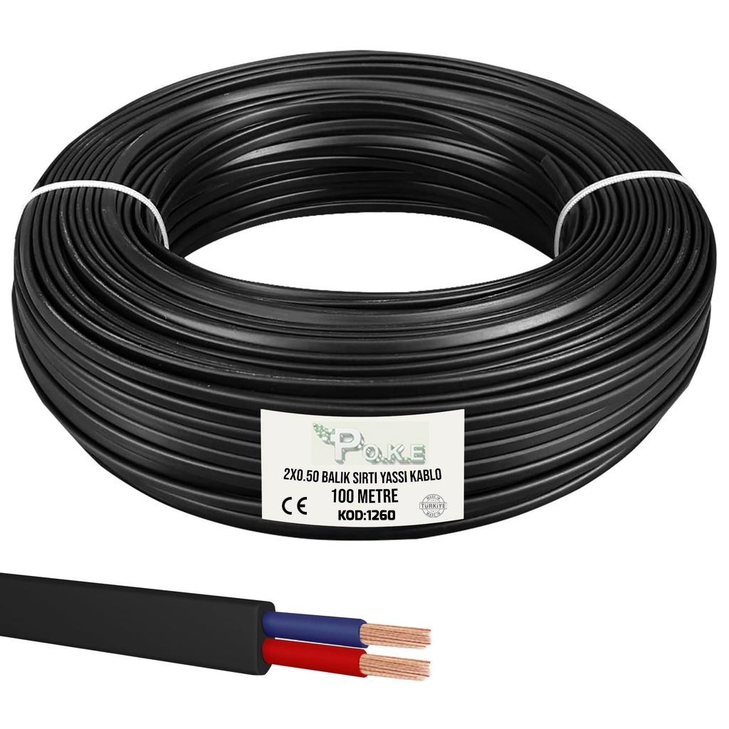 2x0.50 Yassı Kablo Balık Sırtı Siyah 100mt Poke PK-1260