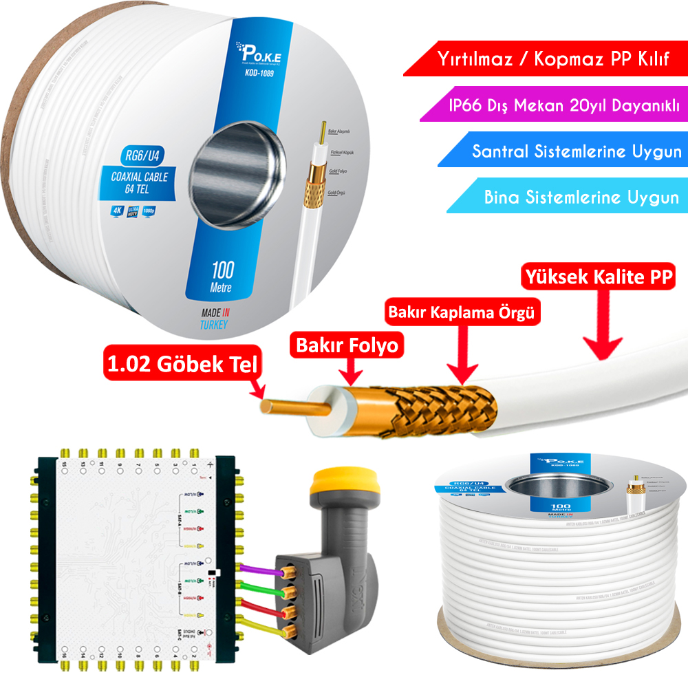 Dış Mekan PP Anten Kablosu Gold RG6/U4 64Tel 1.02 Beyaz 100mt Poke PK-1488