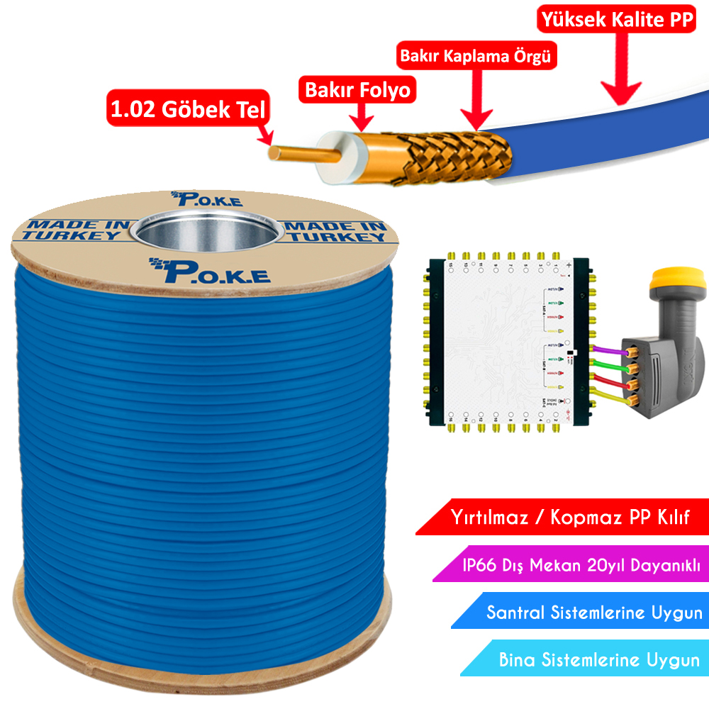 Dış Mekan PP Anten Kablosu Gold RG6/U4 64Tel 1.02 300mt Poke PK-1486