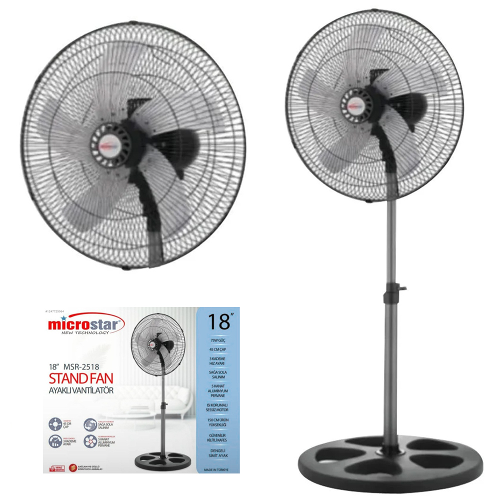 18" Ayaklı Vantilatör 45x150cm Metal Pervane Microstar MSR-2518