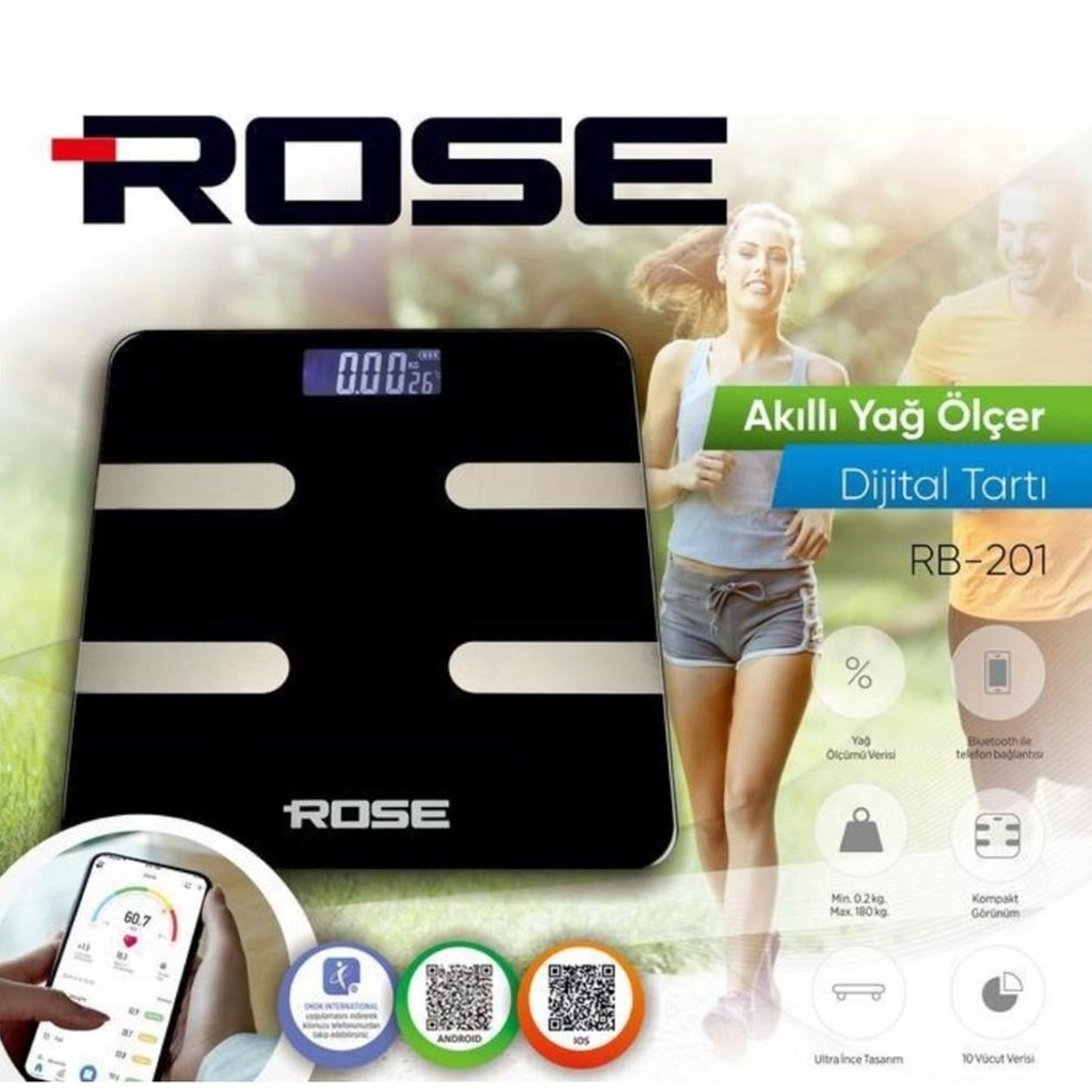 Dijital Baskül Tartı Akıllı Yağ Ölçer Bluetooth Telefon Uygulamalı Rose RB-201