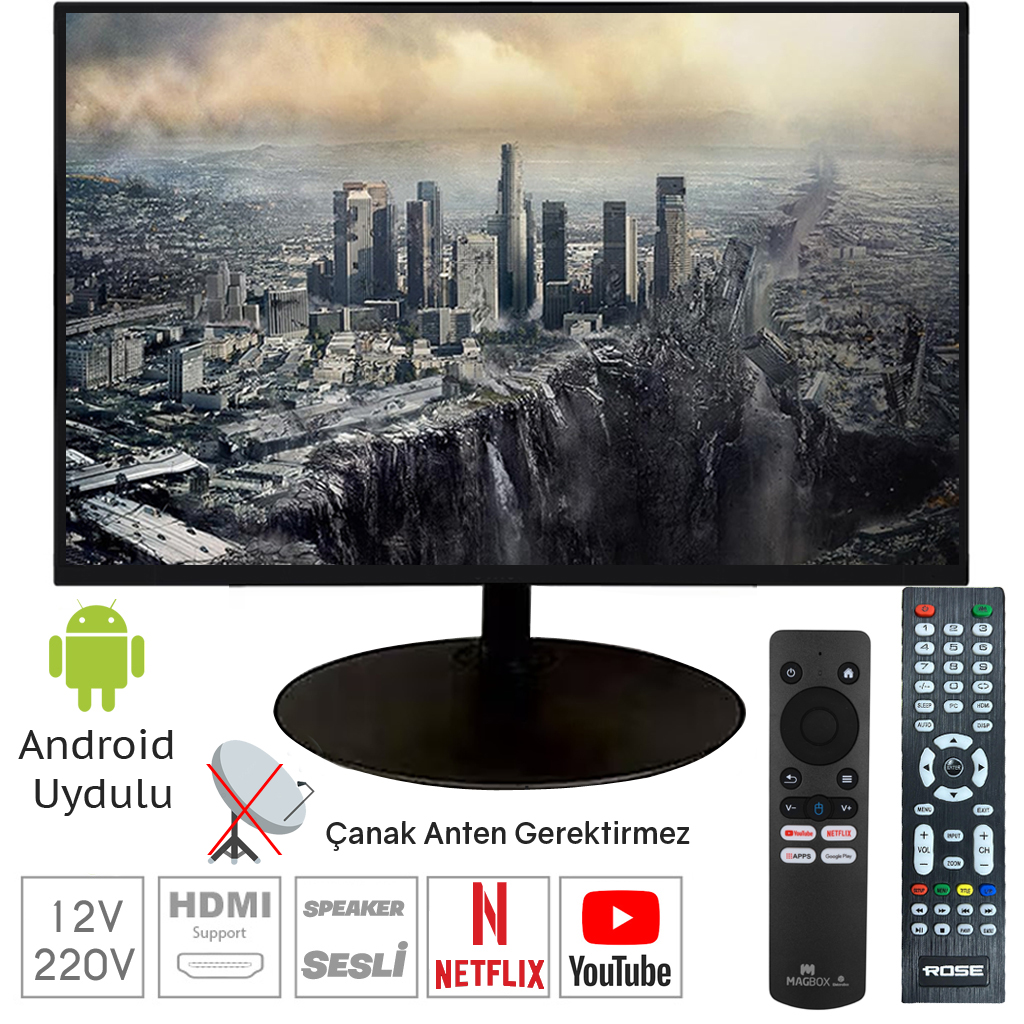 22'' Android Uydulu Televizyon 48 Ekran Hd Lcd Kumandalı 12v 220v Rose CM-122U