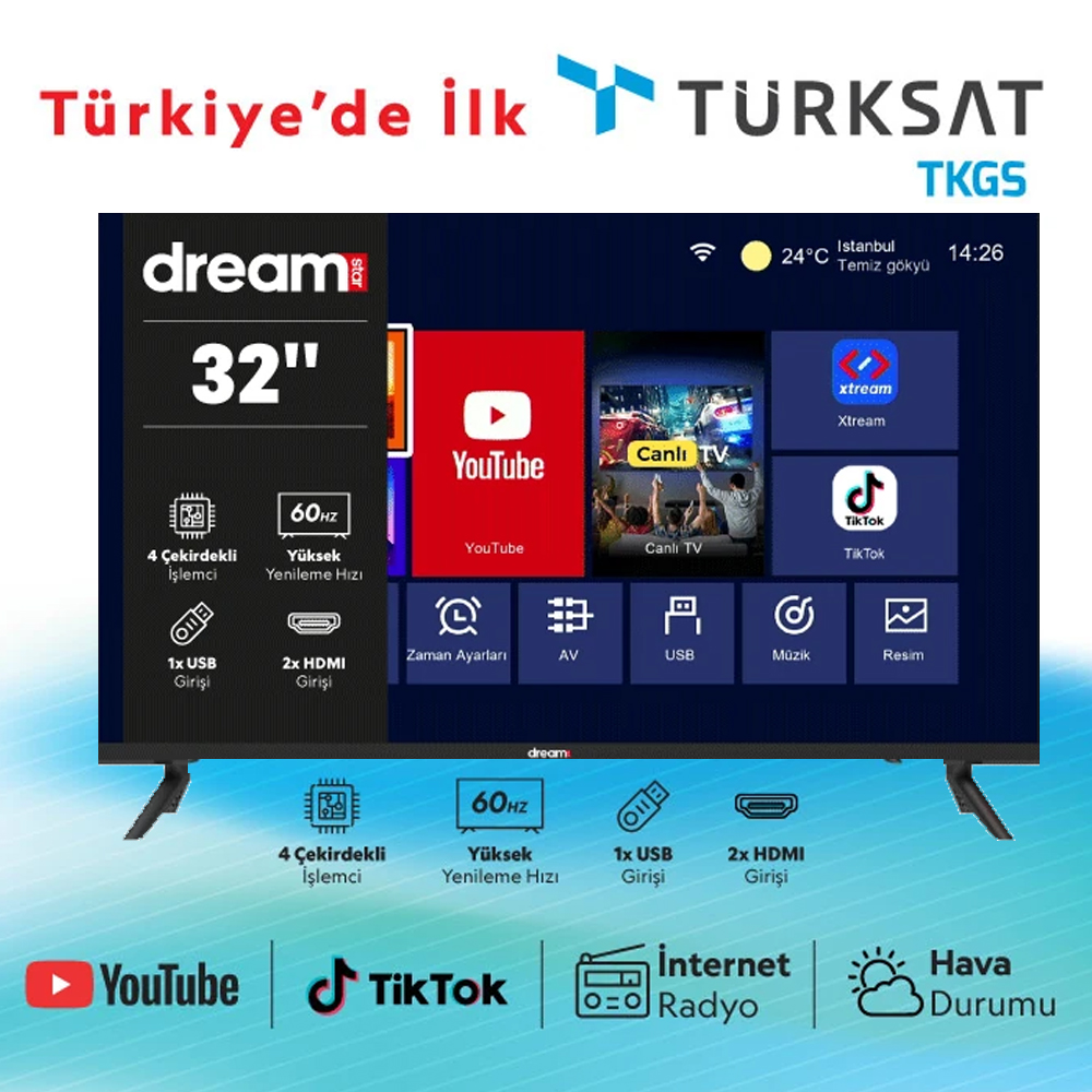 32'' 82 Ekran Uydulu Led Televizyon Youtube TKGS Dreamstar TKGS