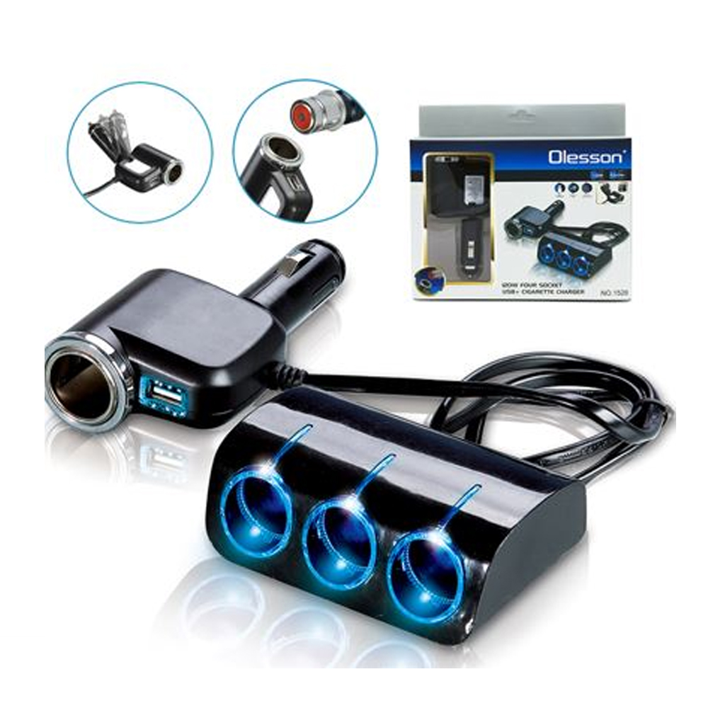 Araç Çakmak Çoklayıcı Üçlü Usb'li 120w 80cm Kablolu 12-24V Olesson 25585