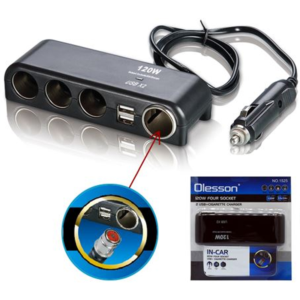 Araç Çakmak Çoklayıcı Dörtlü Çift Usb'li 120w 80cm Kablolu 12-24V Olesson 25583