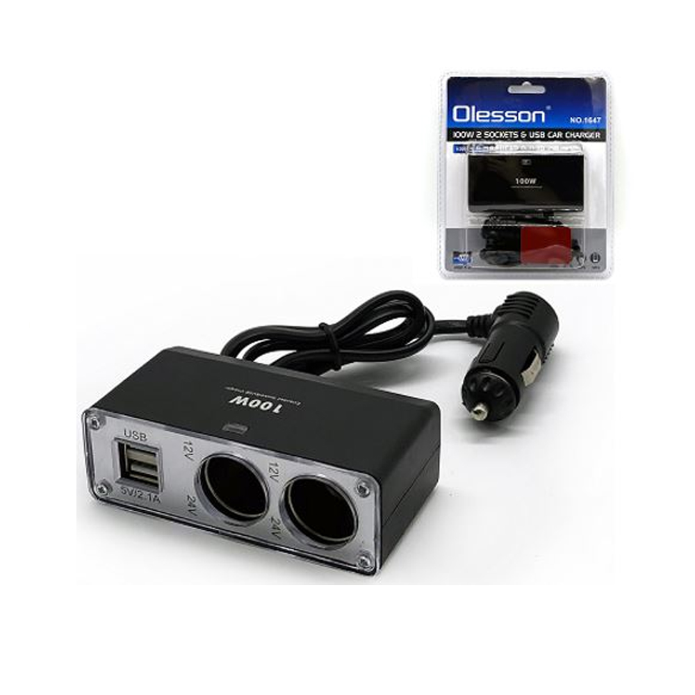 Araç Çakmak Çoklayıcı İkili Çift Usb'li 120w 70cm Kablolu 12-24V Olesson 25558