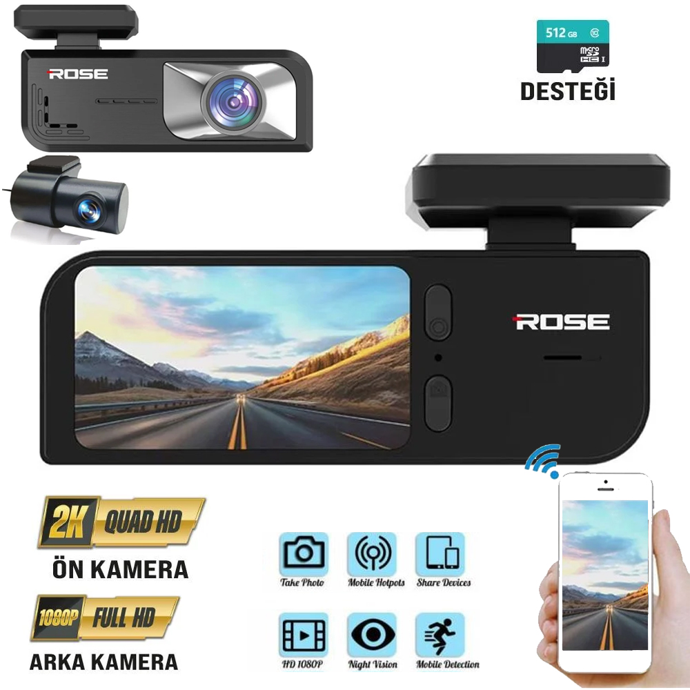 Wifi İkili Araç içi ve Arka Kamera DVR Led Ekran Gece Görüşlü 2K+1K Rose MR-76