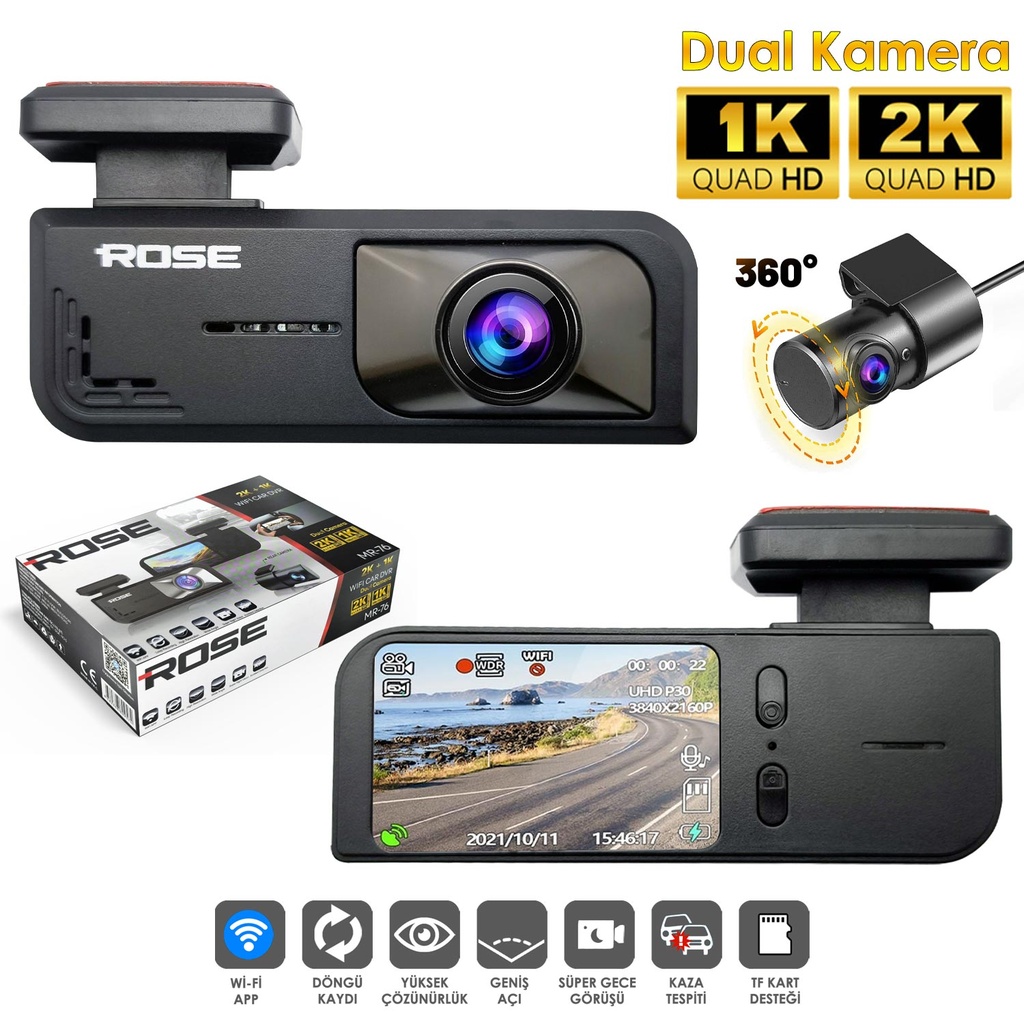 Wifi Araç İçi 2 Kamera DVR Led Ekran Gece Renkli Sesli 2K+1K Rose MR-76