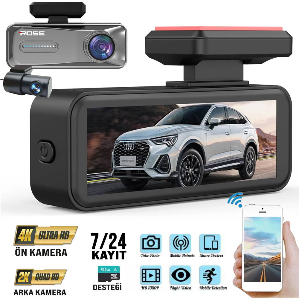 Wifi Araç İçi 2 Kamera DVR Led Ekran Gece Renkli Sesli 4K+2K Rose MR-81