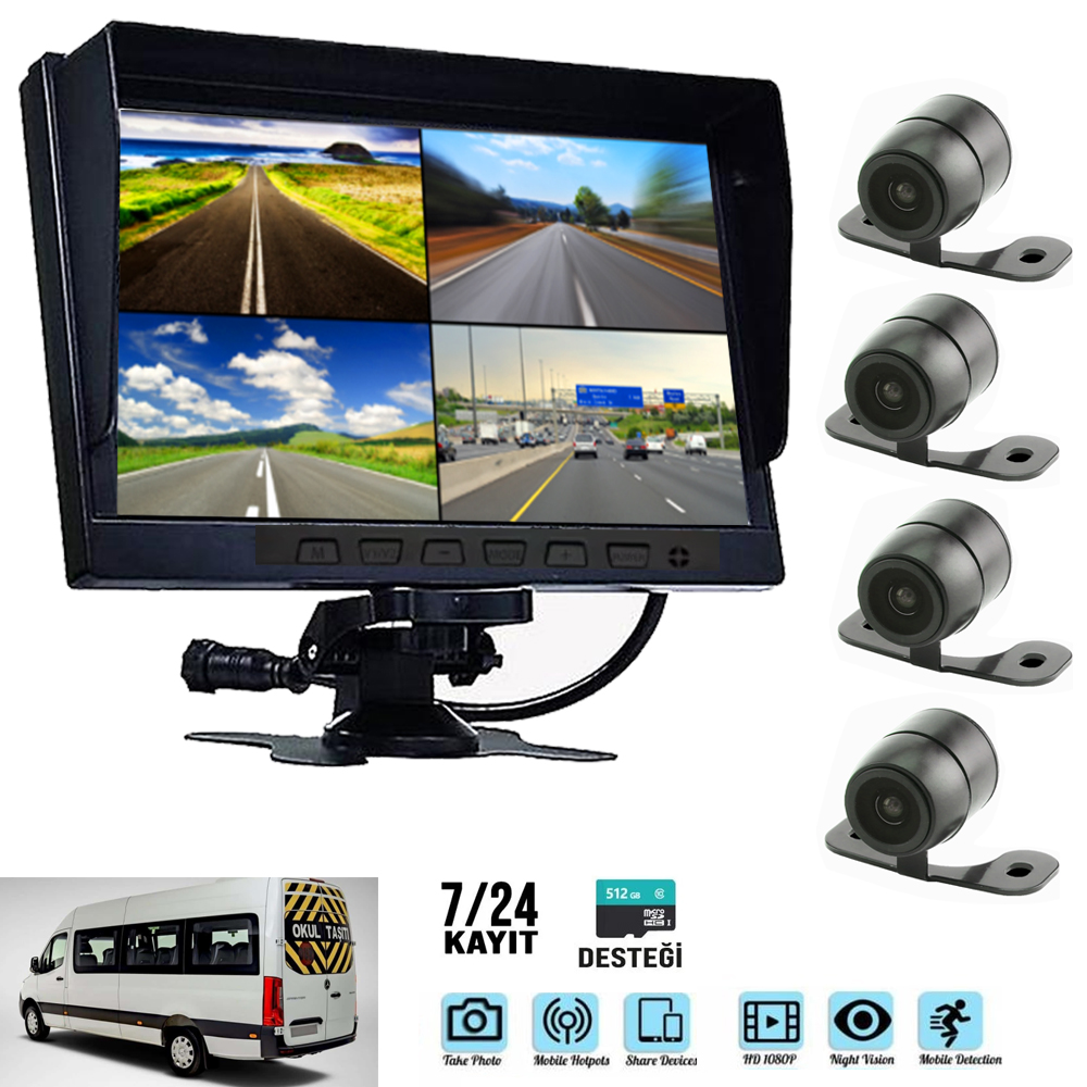 4 Kameralı 7'' DVR Kayıt'lı Araç Monitör Set Full HD Rose MR-08