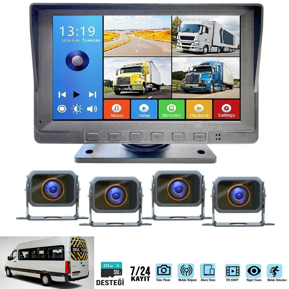 4 Kameralı 7'' DVR Kayıt'lı Araç Monitör Set Full HD Rose MR-16
