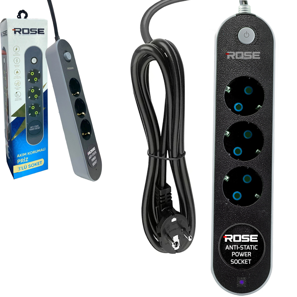 Üçlü Akım Korumalı Grup Priz Anti Static 3X1.5 2mt Rose GR-300-2M