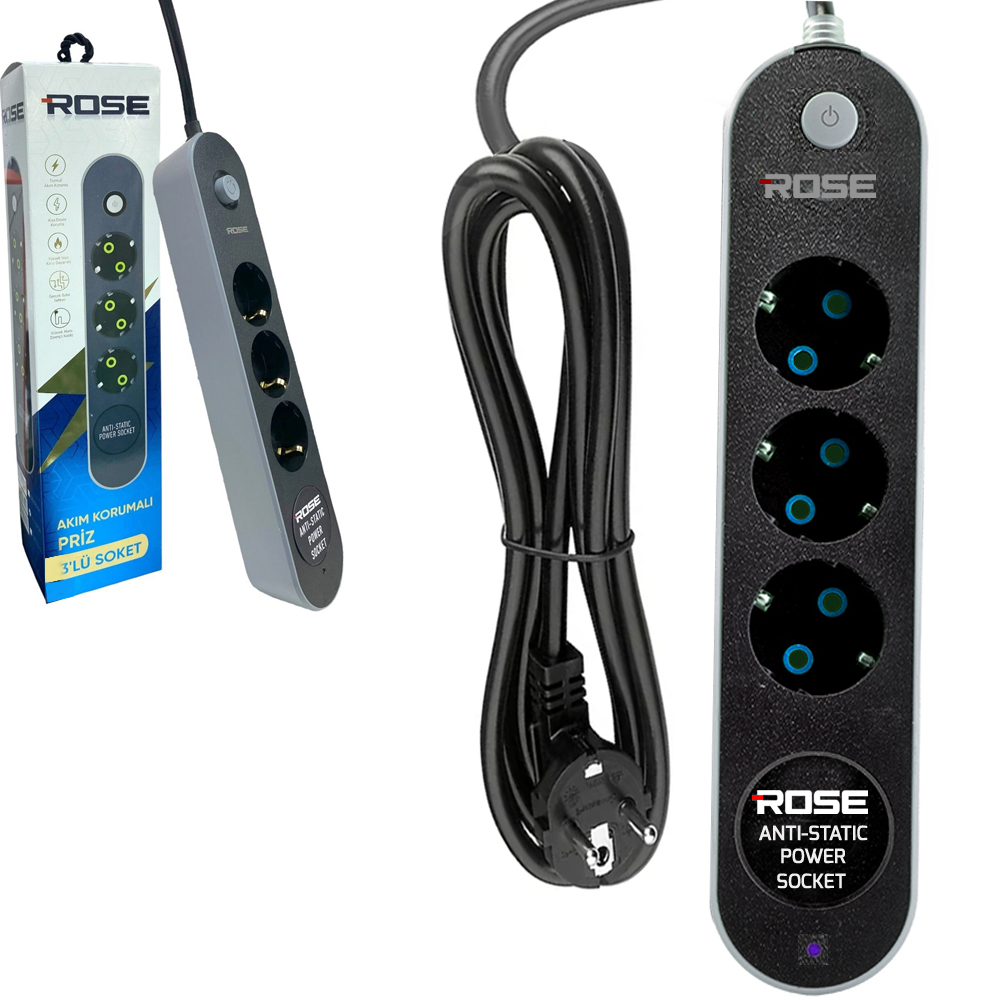 Üçlü Akım Korumalı Grup Priz Anti Static 3X1.5 3mt Rose GR-3003M