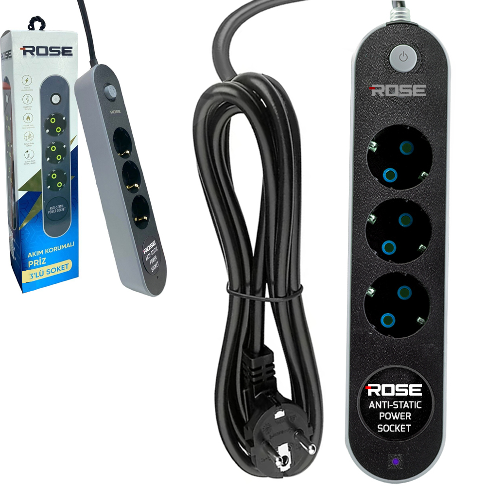 Üçlü Akım Korumalı Grup Priz Anti Static 3X1.5 5mt Rose GR-3005M