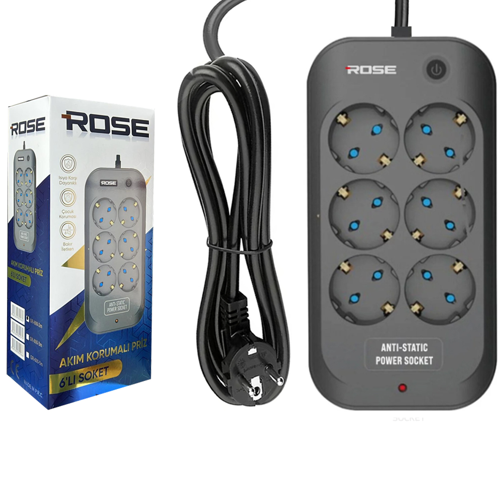 Altılı Akım Korumalı Grup Priz Anti Static 3X1.5 2mt Rose GR-600-2M