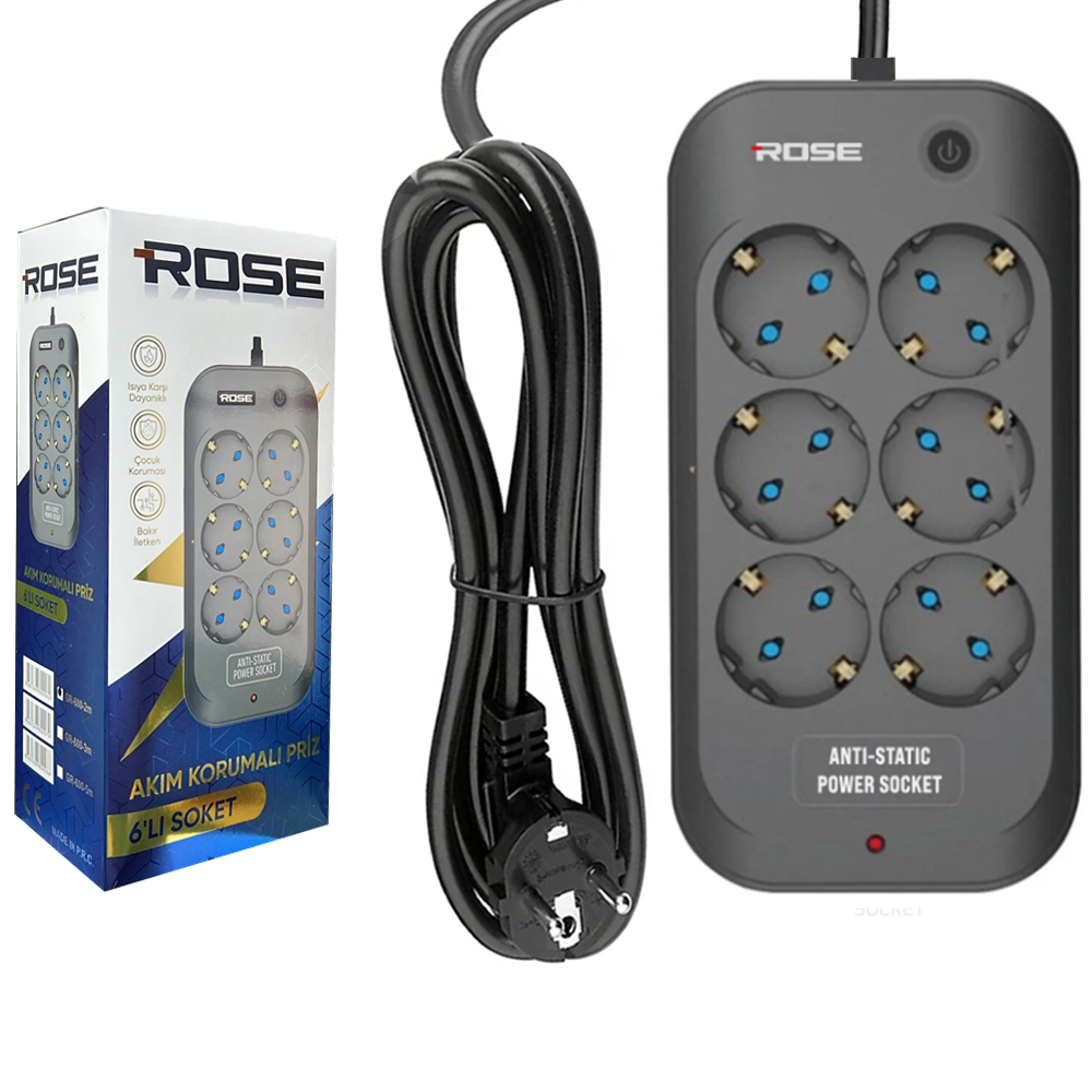 Altılı Akım Korumalı Grup Priz Anti Static 3X1.5 3mt Rose GR-6003M