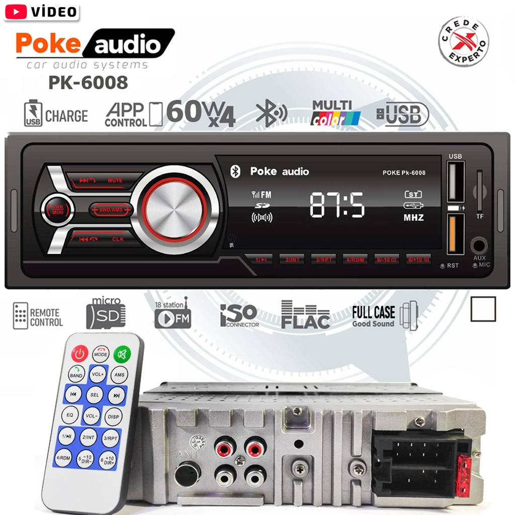 Oto Teyp 4x60 Watt BT Dual USB Fm Aplikasyonlu Poke PK-6008