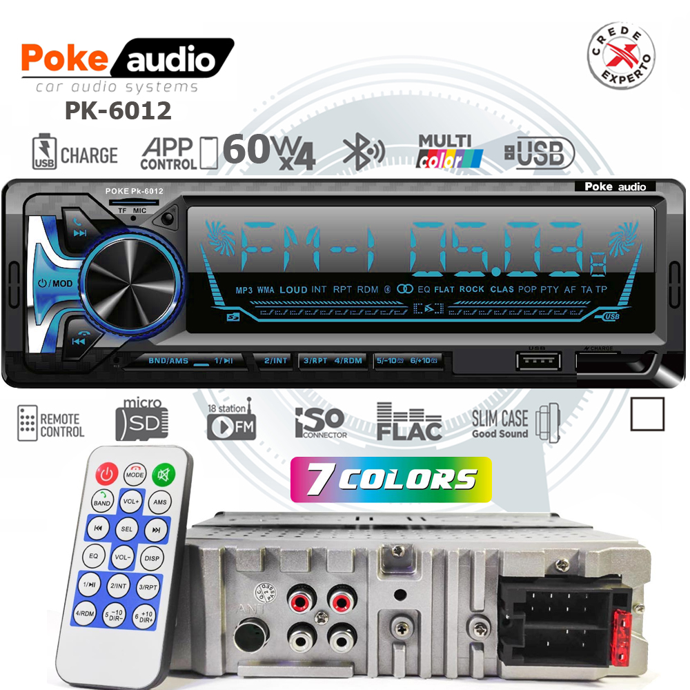 Oto Teyp 4x60 Watt BT 2xUSB Fm Şarjlı Aplikasyonlu 7388 Entegre 7 Renk Poke PK-6012