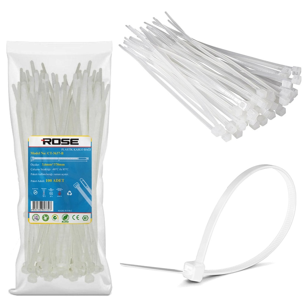 Kablo Bağı 37cm 3.6mm Naylon Beyaz 100 Adet Rose CT-3637B