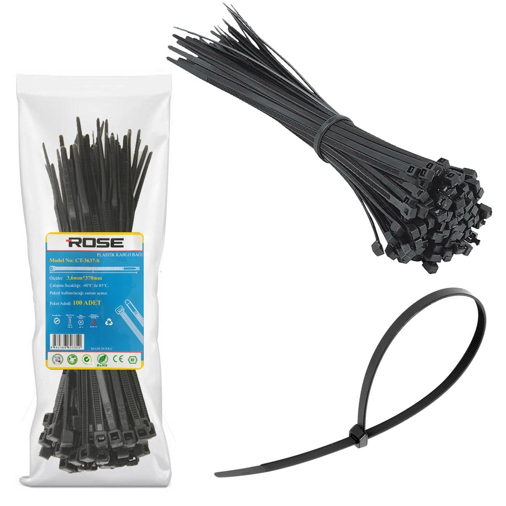 Kablo Bağı 37cm 3.6mm Naylon Siyah 100 Adet Rose CT-3637S