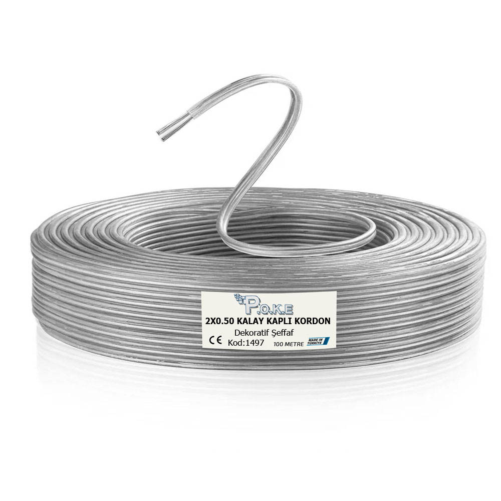 2x0.50 Kalay Kaplı Kablo Dekoratif Şeffaf 100mt Poke PK-1497
