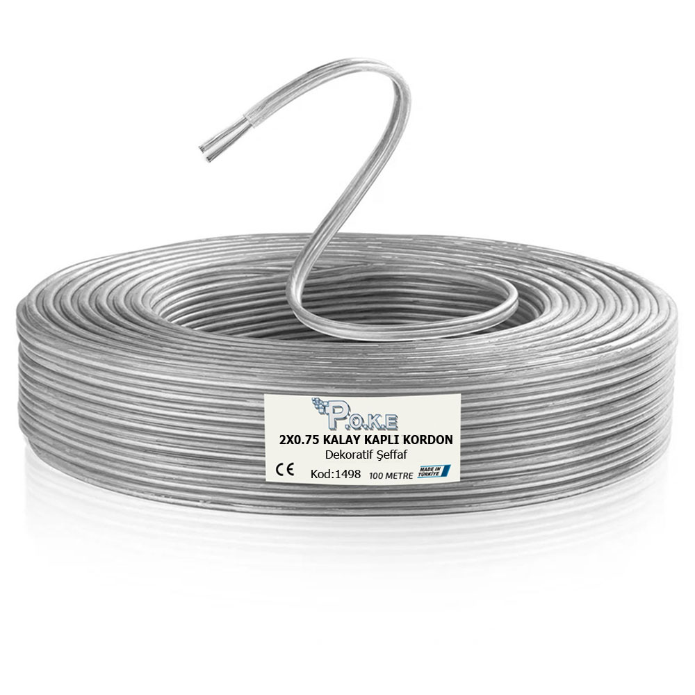 2x0.75 Kalay Kaplı Kablo Dekoratif Şeffaf 100mt Poke PK-1498