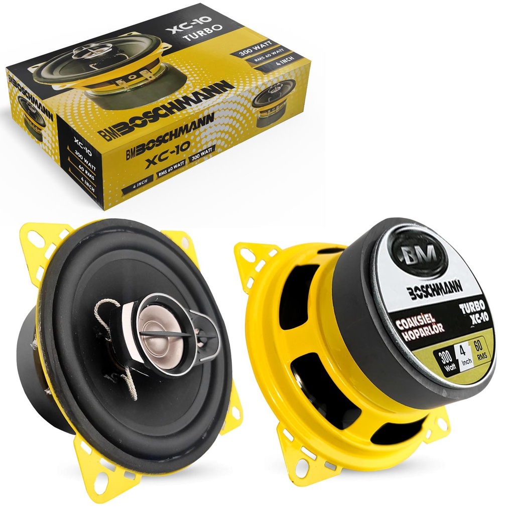 10cm Oto Hoparlör Koaksiyel 300w Tweeterli 2 Adet Sarı Boschmann Turbo XC-10