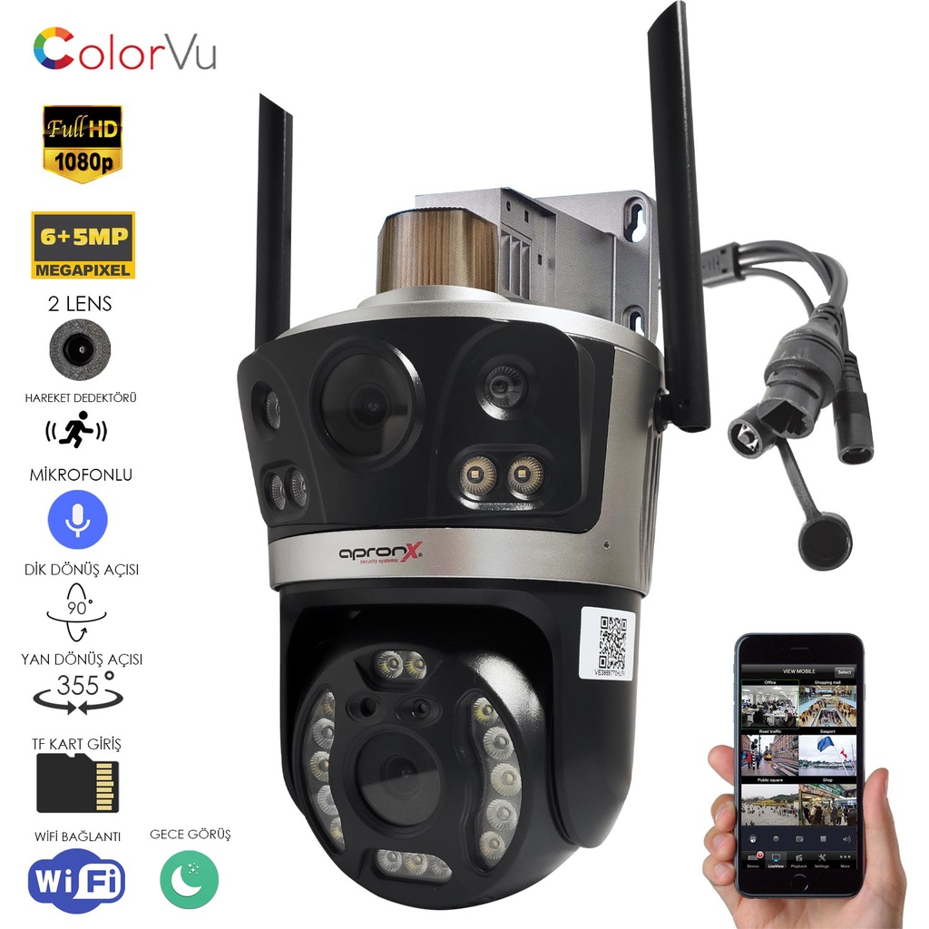 Akıllı Güvenlik Kamerası 2 Kamera 6MP Gece Renkli Sesli Alarmlı Apronx APX-WPG262