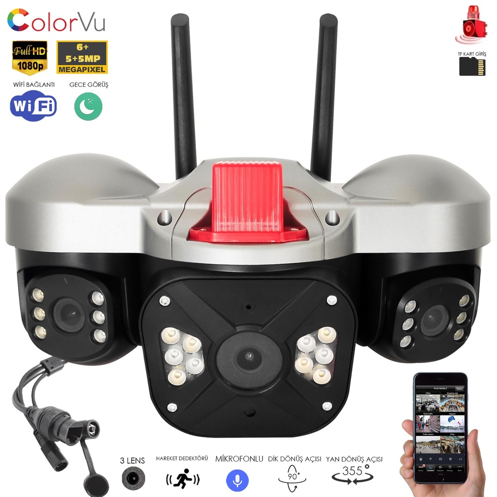 Akıllı Güvenlik Kamerası 3 Kamera 6MP Gece Renkli Sesli Alarmlı Apronx APX-WP332