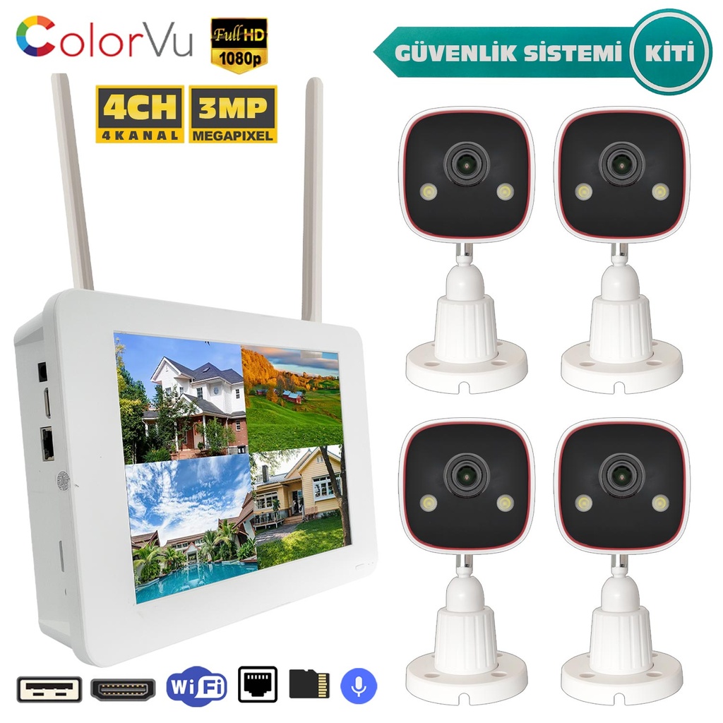 Wifi Kablosuz Kamera Seti NVR + 4 Kamera 3MP Colorvu + 10" LCD Monitör Apronx AX-BSM400