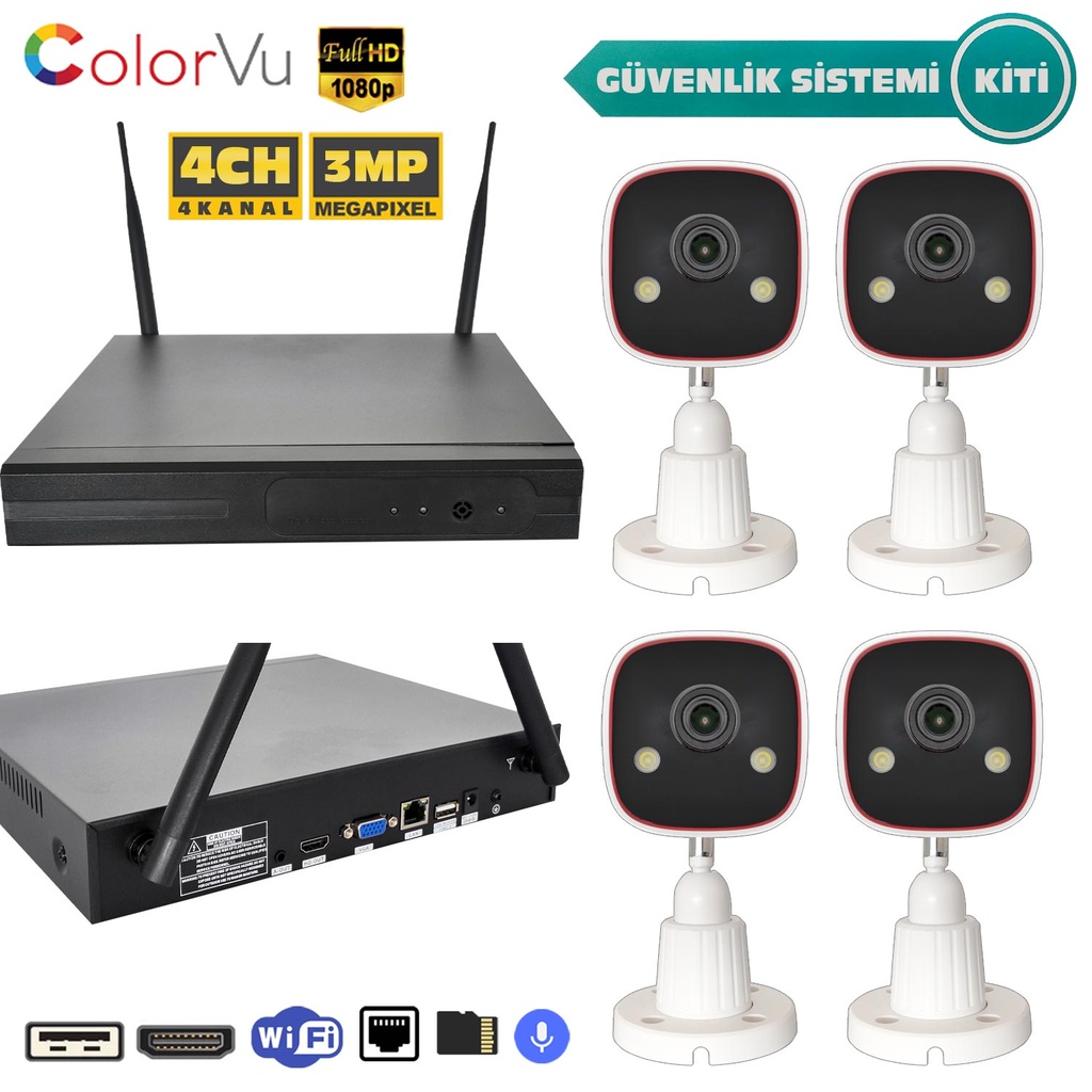 Güvenlik Kamera Seti 4 Kanal NVR + 4 Kamera 3MP Colorvu Gece Renkli Apronx AX-BS420