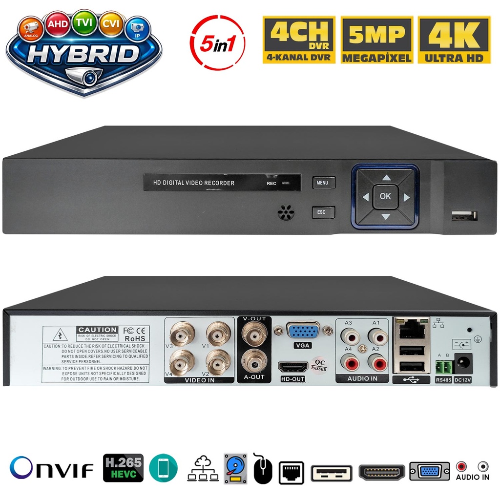 4 Kanal Hibrit DVR Kayıt Cihazı 5MP UHD 5 in 1 Apronx AX-D104