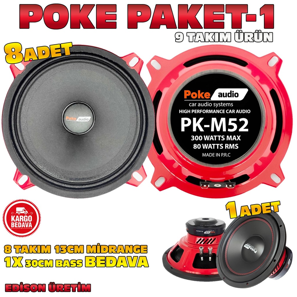 Poke Paket-1 Midrange Seti 9 Takım 8x13cm 300w + 1x30cm Bass Hediye