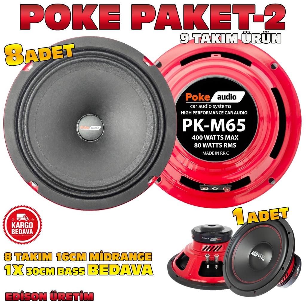 Poke Paket-2 Midrange Seti 9 Takım 8x16cm 400w + 1x30cm Bass Hediye