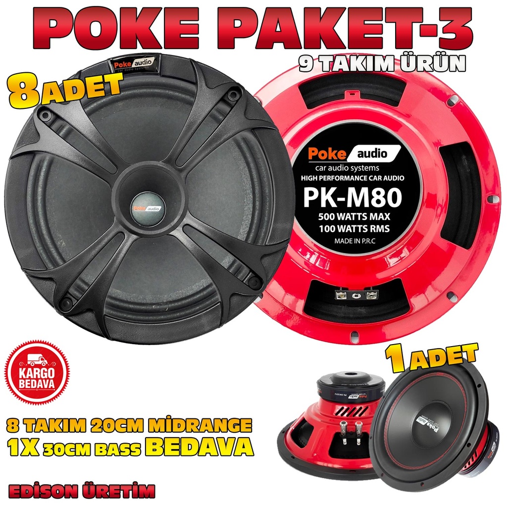 Poke Paket-3 Midrange Seti 9 Takım 8x20cm 500w + 1x30cm Bass Hediye