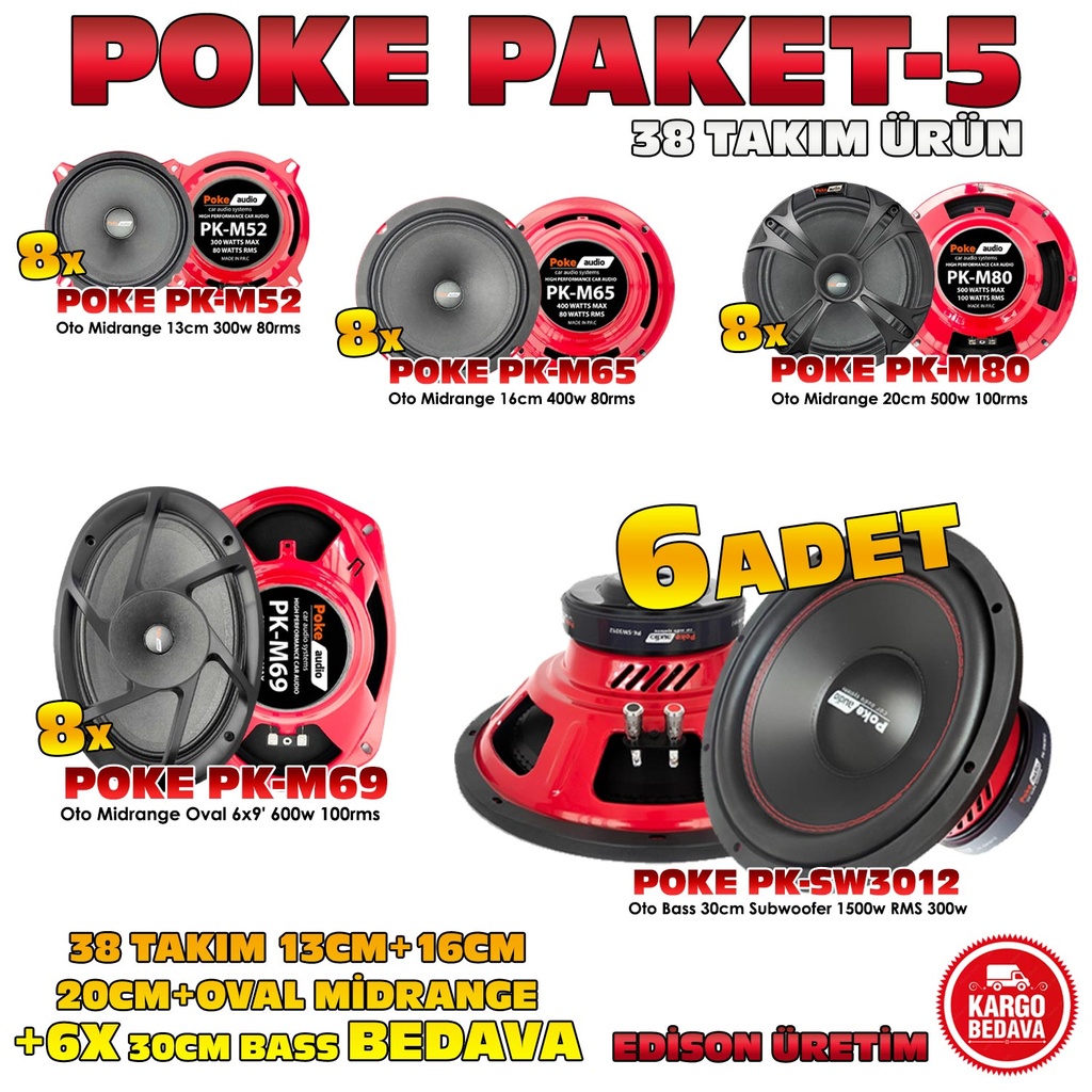 Poke Paket-5 Midrange Seti 38 Takım 8x13cm + 8x16cm + 8x20cm + 8x6x9" + 6x30cm Bass Hediye