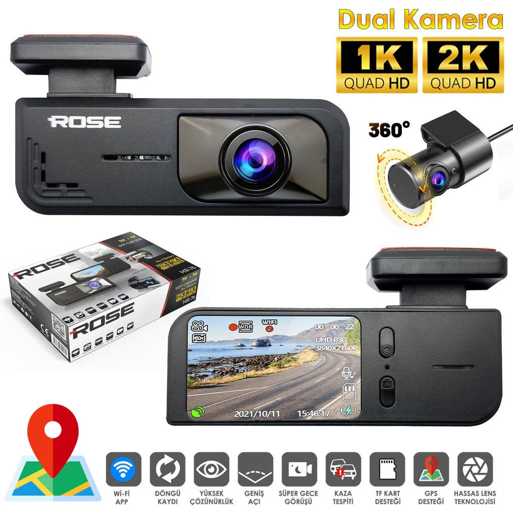 Wifi Araç İçi 2 Kamera GPS'li DVR Led Ekran Gece Renkli Sesli 2K+1K Rose MR-76 GPS